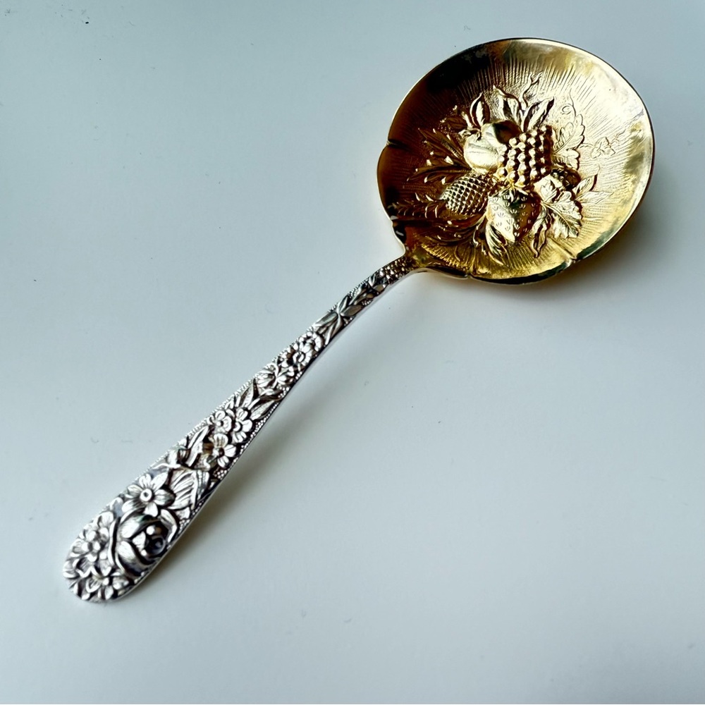 STERLING SILVER S. KIRK & SON
REPOUSSE BERRY SPOON W GOLD WASH